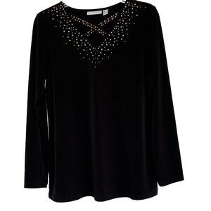 Susan Graver Liquid Knit Top sz S Caged Neck Stretch Moto Biker Office Church